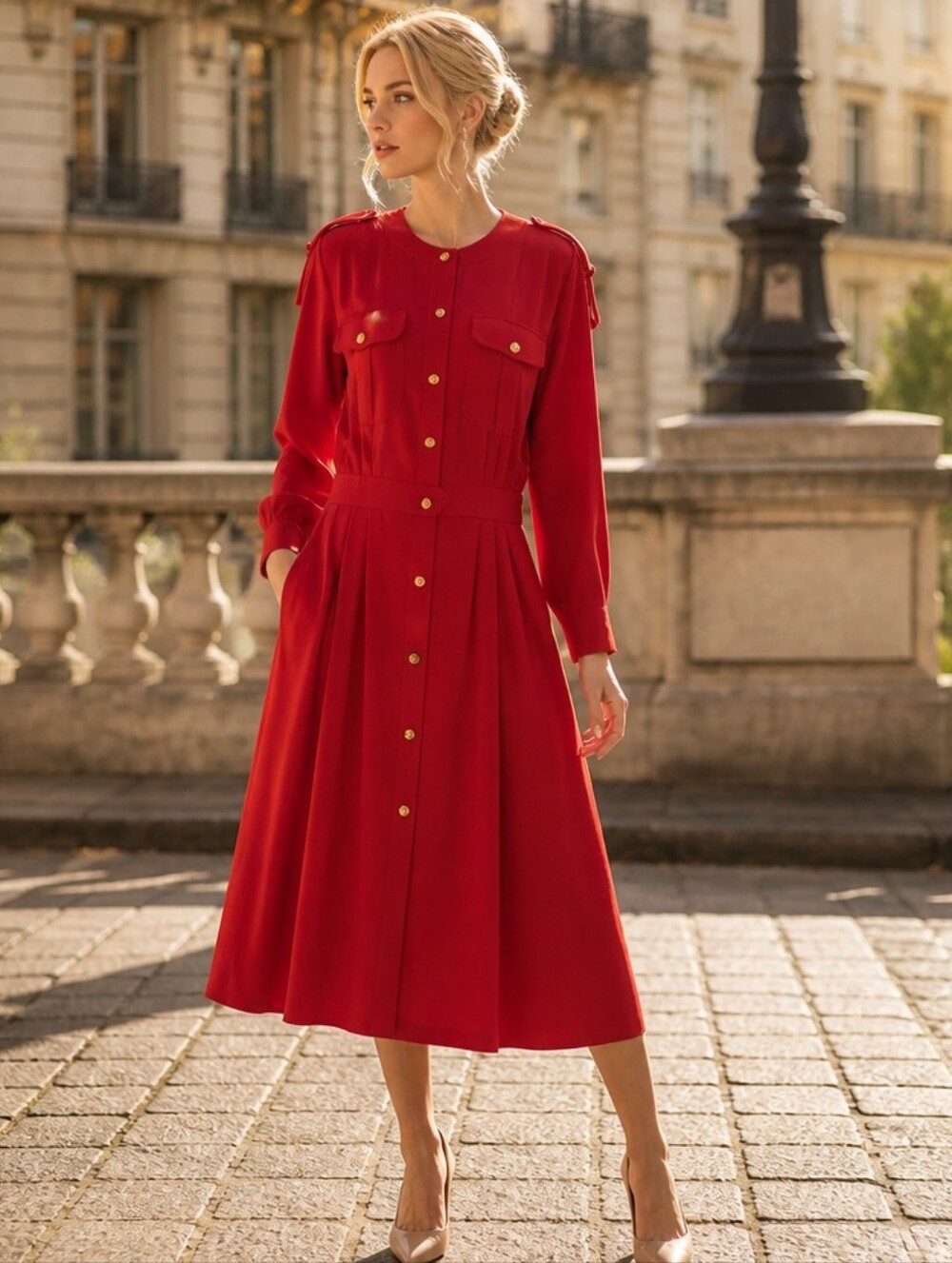 Liz Claiborne Gold-Button Red Midi Shirt Dress Vintage Military Style
